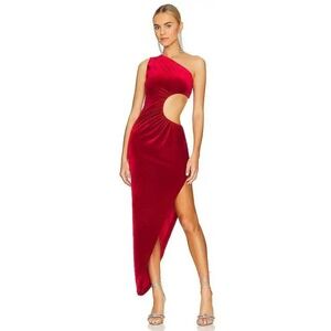 Norma‎ Kamali One Shoulder Sunburst Gown Tango Red Velvet Cutout High Slit L40